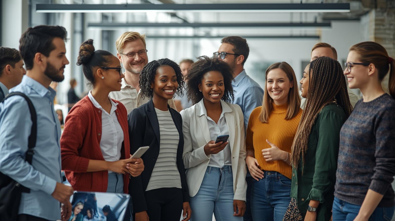 A diverse group of professionals standing together in an office